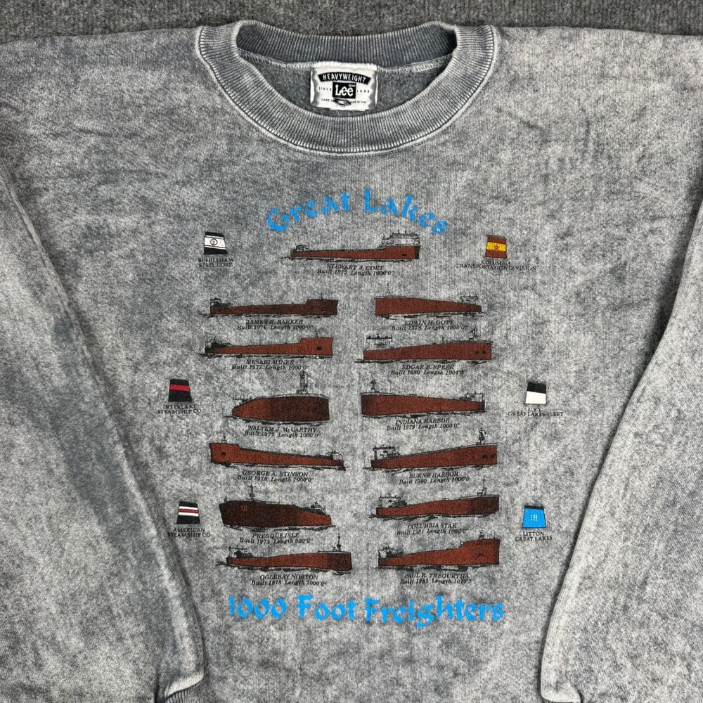 Lee Sweatshirt Mens Size 2XL Gray Acid Wash Great Lakes Freighters Made in USA